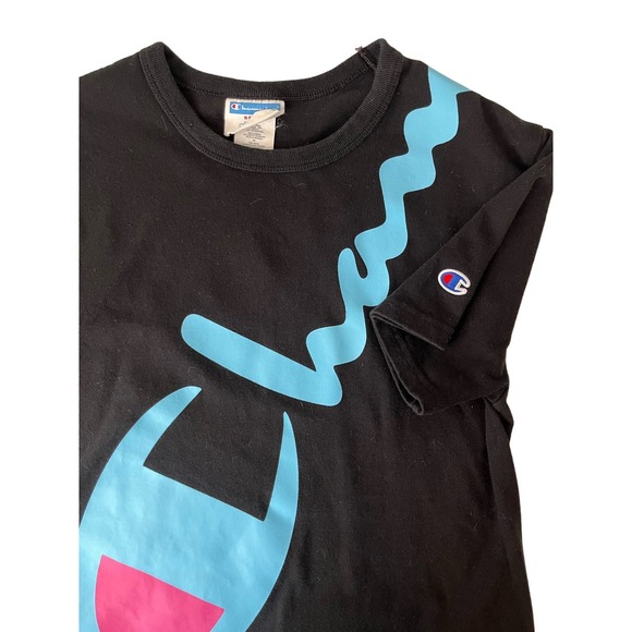 Champion Men's S Short Sleeve Heritage Tee Black‎ With Blue Script Logo Cotton - Picture 1 of 5